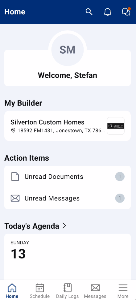 BuilderTrend Mobile App Home Screen