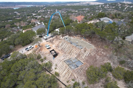 Aerial view of foundation being poured